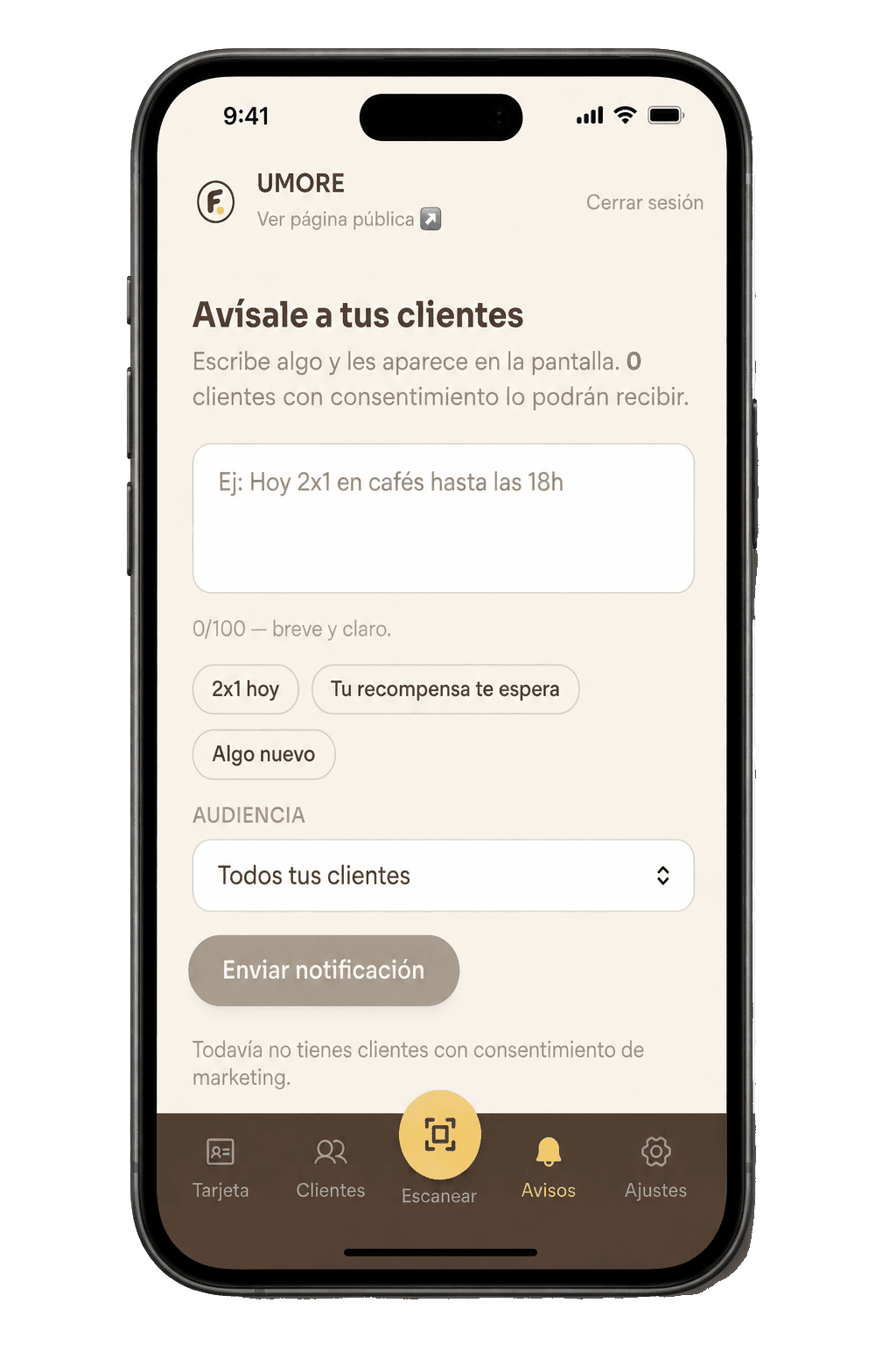 Panel de envío de notificaciones a clientes en Fidelao