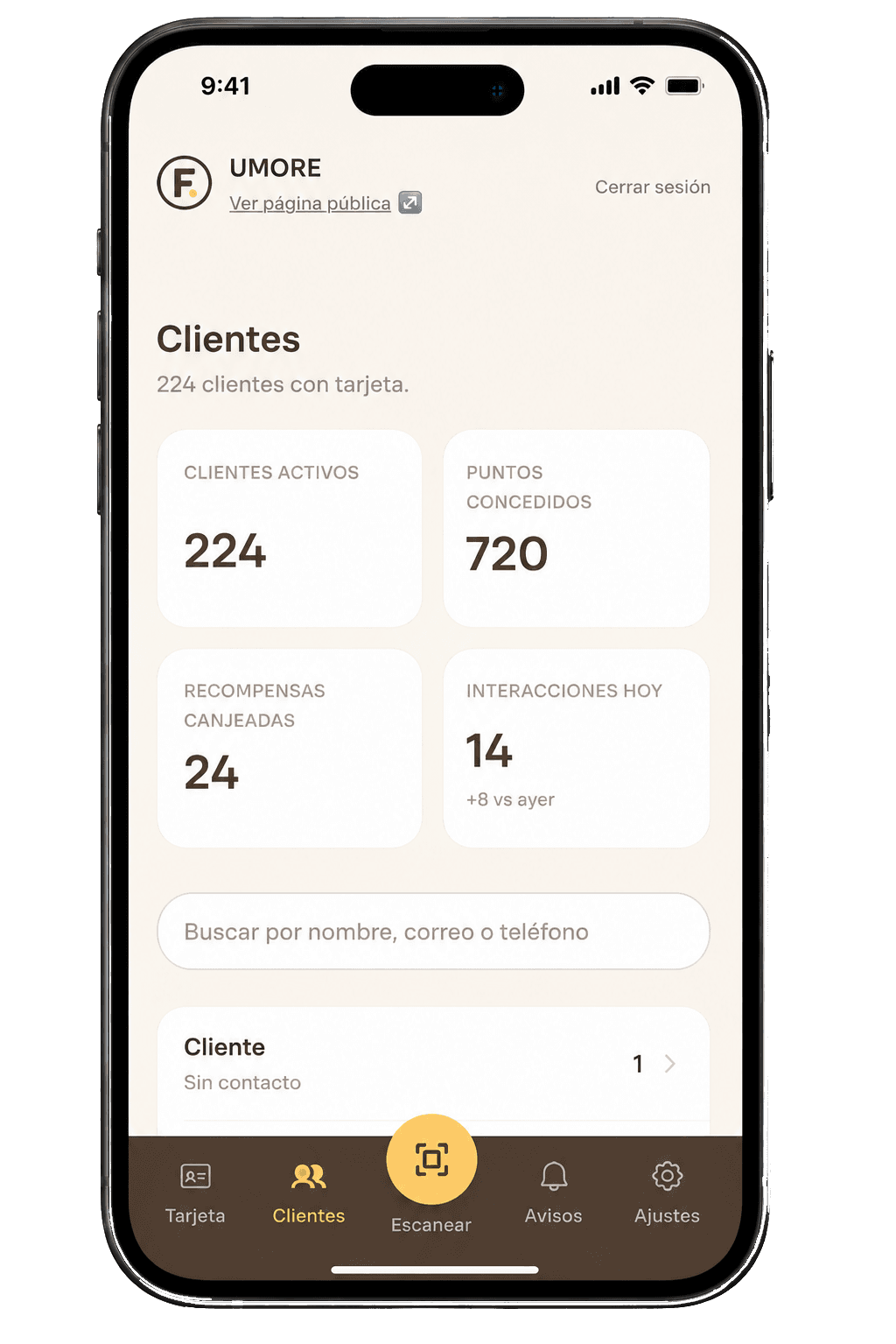 Panel de estadísticas de clientes en Fidelao
