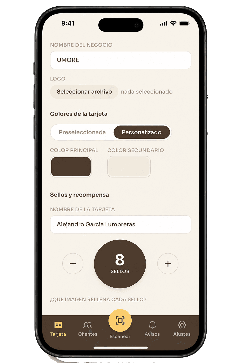 Panel de personalización de la tarjeta de fidelización en Fidelao