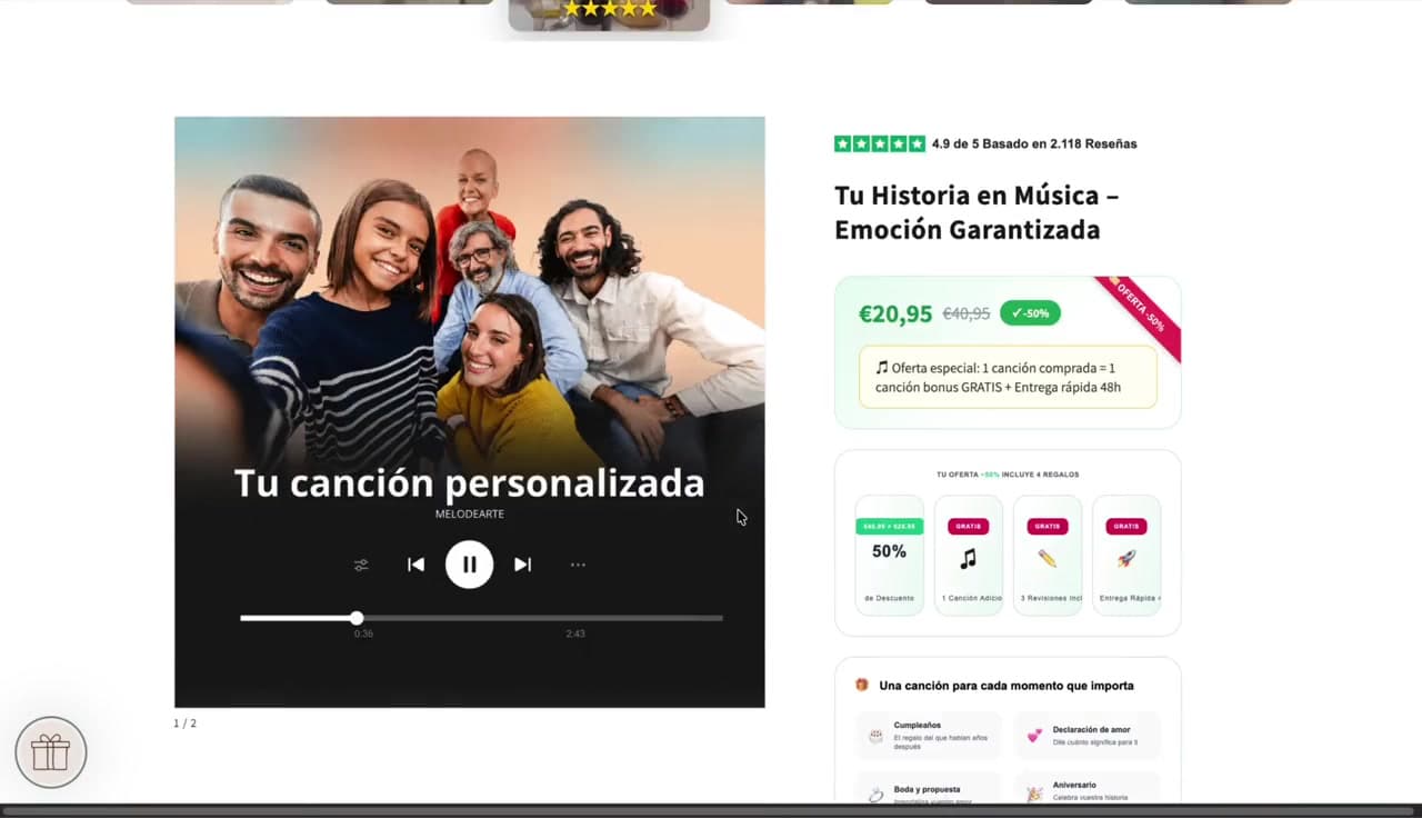 Página de producto con reproductor, precio y oferta en Melodearte