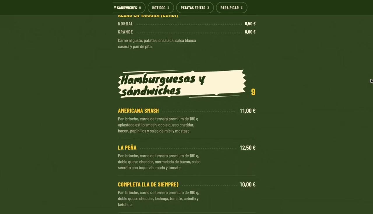 Categoría Hamburguesas y sándwiches con variantes y precios en Café Kebab Sierra
