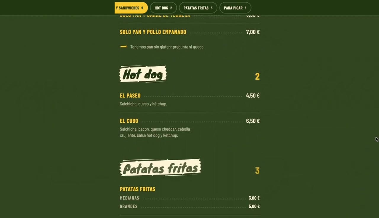 Categorías Hot dog y Patatas fritas con aviso de pan sin gluten en Café Kebab Sierra