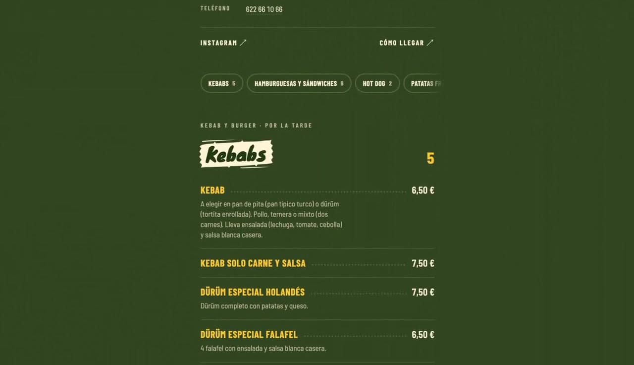 Categoría Kebabs con titular a brocha y precios en Café Kebab Sierra